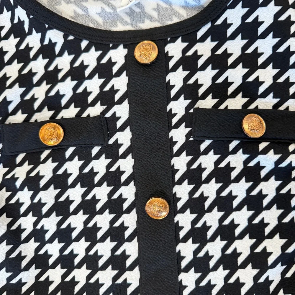 SHEIN Teen Houndstooth Black and‎ White Print Knit Dress Gold Accents SZ 14